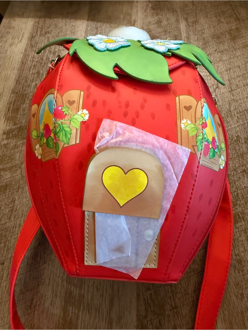 Loungefly Red Strawberry Crossbody Bag with Green Leaf Top